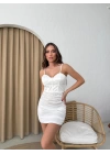 BÜZGÜLÜ SATEN ASKILI ELBİSE BEYAZ
