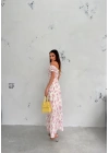ÇİÇEK DESEN ASTARLI YIRTMAÇLI ELBİSE BEYAZ