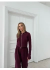 KAPÜŞONLU ÇİFT FERMUAR PARMAK GEÇME DETAY HIRKA VE ÖN DİKİŞ PANTOLONLU İKİLİ TAKIM BORDO