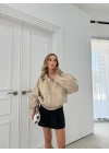 ÇİFT TORBA CEP BEL LASTİKLİ YAKA CIT CIT DETAY DERİ CEKET KREM 3134