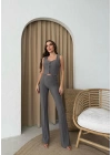 ÇİZGİLİ YELEK VE PANTOLONLU CREP KUMAŞ TAKIM GRİ
