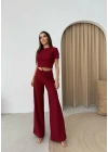CROP VE PANTOLONLU BEL BAĞCIKLI TRİKO İKİLİ TAKIM BORDO