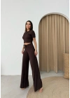 CROP VE PANTOLONLU BEL BAĞCIKLI TRİKO İKİLİ TAKIM KAHVE