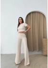 CROP VE PANTOLONLU BEL BAĞCIKLI TRİKO İKİLİ TAKIM KREM