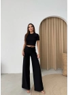 CROP VE PANTOLONLU BEL BAĞCIKLI TRİKO İKİLİ TAKIM SİYAH