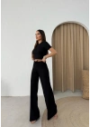 CROP VE PANTOLONLU BEL BAĞCIKLI TRİKO İKİLİ TAKIM SİYAH