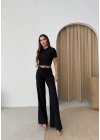 CROP VE PANTOLONLU BEL BAĞCIKLI TRİKO İKİLİ TAKIM SİYAH