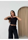 CROP VE PANTOLONLU BEL BAĞCIKLI TRİKO İKİLİ TAKIM SİYAH
