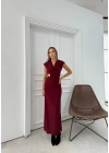 DEGAJE YAKA BEL AKSESUAR DETAY UZUN ELBİSE BORDO