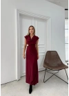 DEGAJE YAKA BEL AKSESUAR DETAY UZUN ELBİSE BORDO