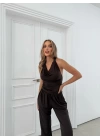 DEGAJE YAKA BOYUNDAN BAGLAMALI SANDY İKİLİ TAKIM KAHVE