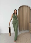 DEGAJE YAKA SIRT DEKOLTE BLUZ VE PANTOLONLU GOFRE İKİLİ TAKIM HAKİ