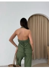 DEGAJE YAKA SIRT DEKOLTE BLUZ VE PANTOLONLU GOFRE İKİLİ TAKIM HAKİ