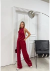 DEGAJE YAKA SIRT DEKOLTE BLUZ VE PANTOLONLU SATEN İKİLİ TAKIM BORDO
