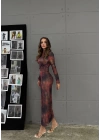 DİK YAKA BÜZGÜLÜ DESENLİ UZUN SANDY ELBİSE