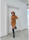 DİK YAKA FERMUARLI SÜET ETEKLİ İKİLİ TAKIM KAHVE