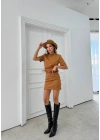 DİK YAKA FERMUARLI SÜET ETEKLİ İKİLİ TAKIM KAHVE