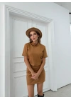 DİK YAKA FERMUARLI SÜET ETEKLİ İKİLİ TAKIM KAHVE