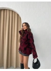 DİK YAKA İSPANYOL KOL LEOPAR DESEN TRİKO BORDO