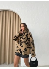 DİK YAKA İSPANYOL KOL LEOPAR DESEN TRİKO KAHVE