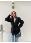 DİK YAKA OMUZ APOLETLİ BEL KUŞAKLI ASTARLI KAŞE KABAN SİYAH