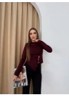 DÜĞME DETAY ASİMETRİK KESİM CROP BLUZ BORDO