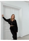 DÜĞME DETAY HIRKA VE PANTOLONLU SELANİK KUMAŞ TAKIM SİYAH