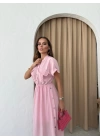 DÜĞME DETAY UZUN KETEN ELBİSE PEMBE
