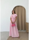 DÜĞME DETAY UZUN KETEN ELBİSE PEMBE