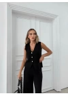 DÜĞME DETAY YELEK VE PANTOLONLU TRİKO İKİLİ TAKIM SİYAH