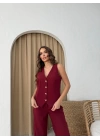 DÜĞMELİ DETAY YELEK VE PANTOLON İKİLİ TAKIM BORDO