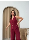 DÜĞMELİ DETAY YELEK VE PANTOLON İKİLİ TAKIM BORDO