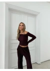 DÜŞÜK OMUZ BLUZ VE PANTOLONLU GOFRE İKİLİ TAKIM BORDO