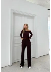 DÜŞÜK OMUZ BLUZ VE PANTOLONLU GOFRE İKİLİ TAKIM BORDO