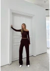 DÜŞÜK OMUZ BLUZ VE PANTOLONLU GOFRE İKİLİ TAKIM BORDO