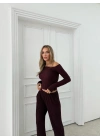DÜŞÜK OMUZ BLUZ VE PANTOLONLU GOFRE İKİLİ TAKIM BORDO