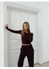 DÜŞÜK OMUZ BLUZ VE PANTOLONLU GOFRE İKİLİ TAKIM BORDO