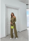 DÜŞÜK OMUZ BLUZ VE PANTOLONLU GOFRE İKİLİ TAKIM HAKİ