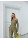 DÜŞÜK OMUZ BLUZ VE PANTOLONLU GOFRE İKİLİ TAKIM HAKİ