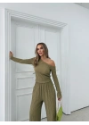DÜŞÜK OMUZ BLUZ VE PANTOLONLU GOFRE İKİLİ TAKIM HAKİ