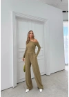 DÜŞÜK OMUZ BLUZ VE PANTOLONLU GOFRE İKİLİ TAKIM HAKİ
