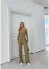 DÜŞÜK OMUZ BLUZ VE PANTOLONLU GOFRE İKİLİ TAKIM HAKİ
