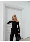 DÜŞÜK OMUZ BLUZ VE PANTOLONLU GOFRE İKİLİ TAKIM SİYAH