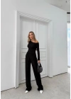 DÜŞÜK OMUZ BLUZ VE PANTOLONLU GOFRE İKİLİ TAKIM SİYAH