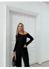 DÜŞÜK OMUZ BLUZ VE PANTOLONLU GOFRE İKİLİ TAKIM SİYAH