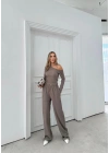 DÜŞÜK OMUZ BLUZ VE PANTOLONLU GOFRE İKİLİ TAKIM VİZON