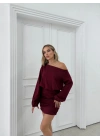 DÜŞÜK OMUZ ETEK DRAPELİ MODAL ELBİSE BORDO