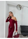 ETEK AKSESUAR SAÇAKLI OMUZ DEKOLTE DETAY UZUN SANDY ELBİSE BORDO