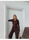 FERMUARLI PARMAK GEÇMELİ KAPÜŞONLU HIRKA VE PANTOLONLU TERS DİKİŞ GOFRE İKİLİ TAKIM KAHVE