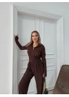 FERMUARLI PARMAK GEÇMELİ KAPÜŞONLU HIRKA VE PANTOLONLU TERS DİKİŞ GOFRE İKİLİ TAKIM KAHVE
